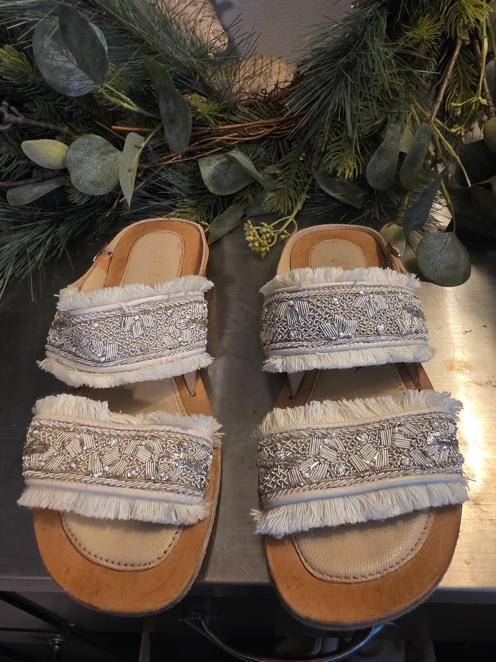 Fringed Beaded Double-Strap Women's Sandals - White
